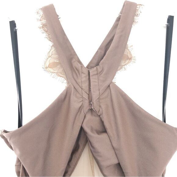 Michael Costello x REVOLVE Philip Midi Dress in Taupe Bodycon Lace Trim Halter - Picture 6 of 14